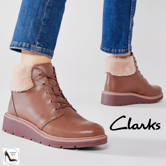 Clarks Andie Go Fur Lace-Up Brown Leather Ankle Boots Casual Winter Booties 9 - Picture 2 of 11